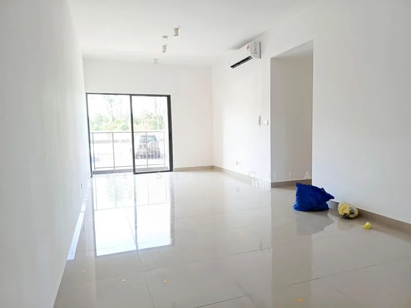 Living features: white painted walls, glossy ceramic tile flooring, sliding glass door, floor-to-ceiling windows, recessed downlights, 1 wall-mounted split AC, open layout, natural light from windows, neutral color scheme, decorative items on the floor; style: modern; view: garden.
