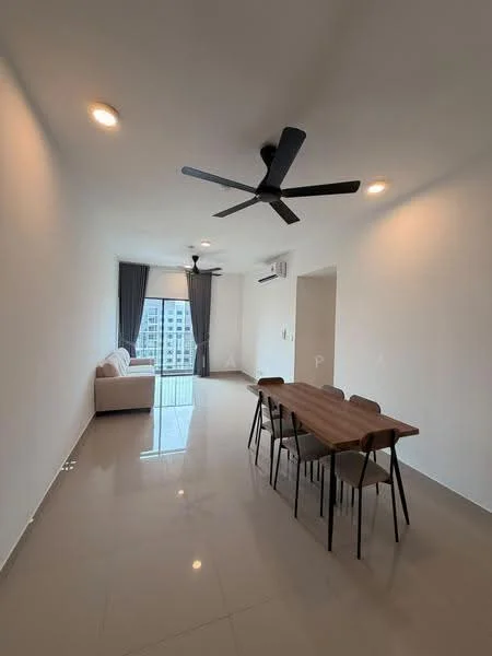 Dining features: 6-seater dining table, black dining chairs, white walls, polished tile flooring, 2 ceiling fans, floor-to-ceiling windows, curtains, air conditioning unit; style: modern; view: city. Living features: 3-seater fabric sofa in white, polished tile flooring, white walls, 2 ceiling fans, floor-to-ceiling windows, curtains, air conditioning unit; style: modern; view: city.