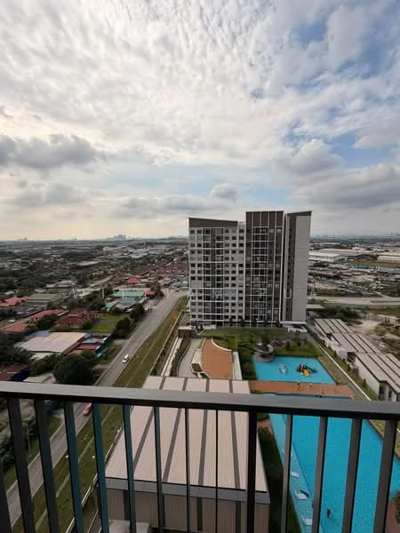 Exterior type: high-rise condominium; features: glass curtain wall, recessed balconies, infinity pool, pool deck with loungers, children's playground, manicured lawn, surrounded by mature greenery, urban context with nearby road, view of city skyline, multi-storey building, landscaped garden area; style: modern.