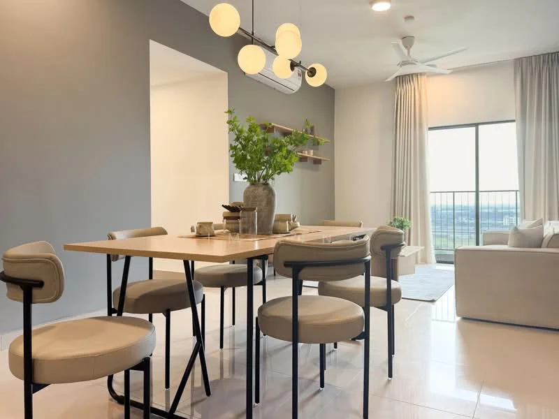 Dining features: round dining table with light wood top, 6 upholstered dining chairs in cream, pendant light fixture with multiple bulbs, white walls, grey accent wall, floor-to-ceiling window, curtains in light fabric, ceiling fan with light, decorative plant in vase, open shelving unit on wall, polished tile flooring; style: modern; view: city. Living features: sofa in light fabric, coffee table, decorative plant, area rug, floor-to-ceiling window, curtains in light fabric; style: modern; view: city.