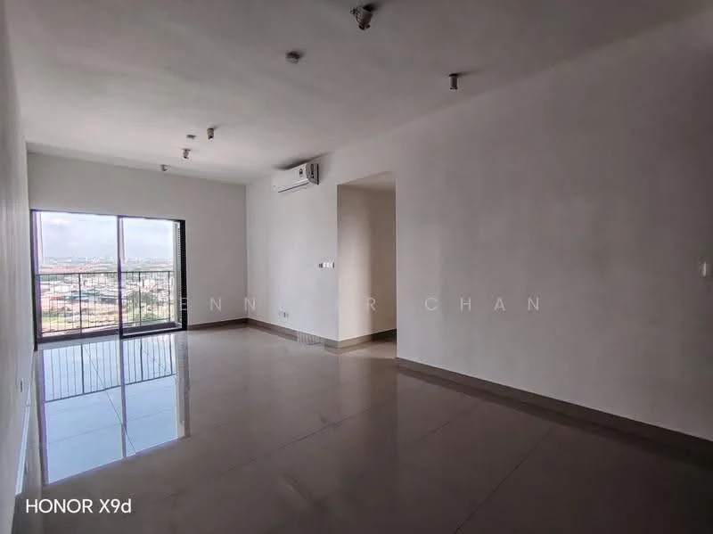 Living features: white painted walls, polished ceramic tile flooring, floor-to-ceiling windows, sliding glass door, 1 wall-mounted split AC, recessed downlights, neutral color scheme, open layout; style: modern; view: city.