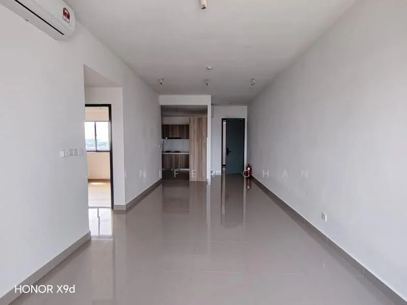 Living features: white painted walls, polished ceramic tile flooring, recessed downlights, 1 wall-mounted split AC, large windows with city view, open layout, neutral color scheme, fire extinguisher, doorway leading to kitchen, smooth ceiling, no visible furniture; style: modern; view: city. Kitchen features: wood cabinetry, countertop, open layout to living area; style: modern.
