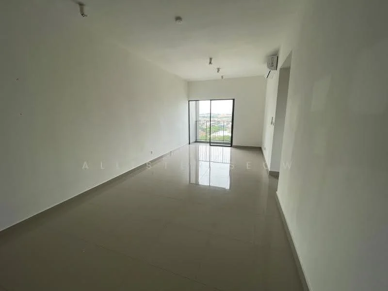 Room features: white painted walls, polished ceramic tile flooring, floor-to-ceiling windows, city view, recessed downlights, air conditioning unit, open layout, natural light; style: modern; view: city.