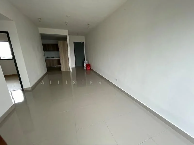 Room features: white painted walls, glossy ceramic tile flooring, recessed downlights, open layout, large window, neutral color scheme, no visible furniture, minimalist decor; style: modern.