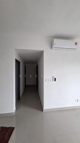 Room features: white painted walls, polished tile flooring, 1 wall-mounted split AC, doorway leading to hallway, light switch, intercom panel; style: modern.