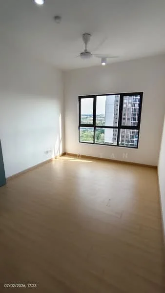 Room features: light wood laminate flooring, white painted walls, ceiling fan, large window with black frame, city view, natural light from window; style: modern; view: city.