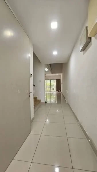 Hallway features: white painted walls, glossy ceramic tile flooring, recessed LED downlights, ceiling-mounted air conditioning unit, staircase visible at the end, door leading to another room, natural light from windows, neutral color scheme; style: modern.