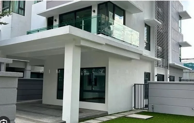 Exterior type: detached bungalow; features: white painted facade, glass balcony railing, flat roof, manicured lawn, paved driveway, large windows, modern architectural design, security gate, grey stone wall, outdoor space; style: modern.