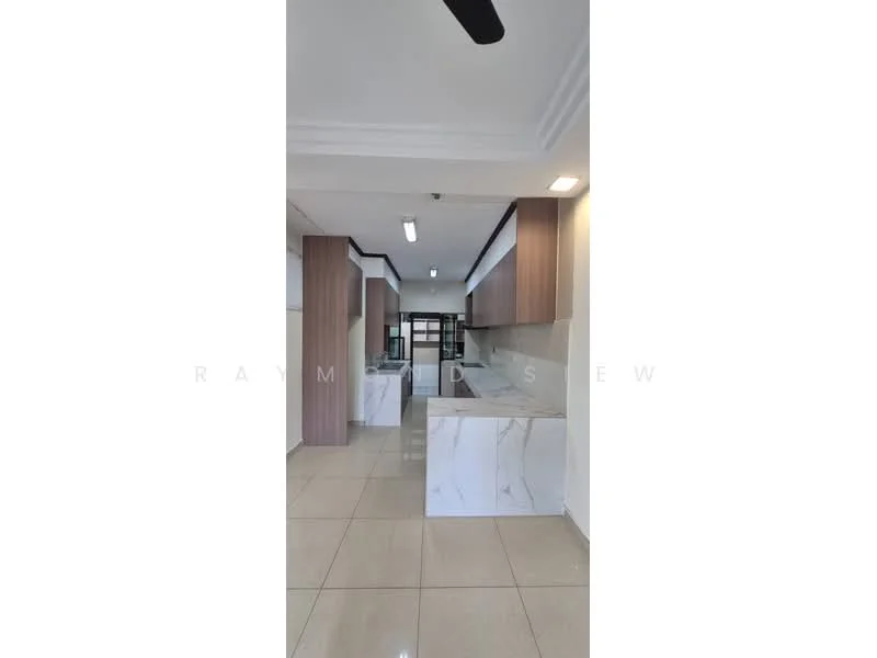 Kitchen features: marble countertop, kitchen island with marble base, wood cabinetry, stainless-steel appliances, recessed downlights, ceramic tile flooring, open layout, wall-mounted cabinets, 5-blade ceiling fan; style: modern.