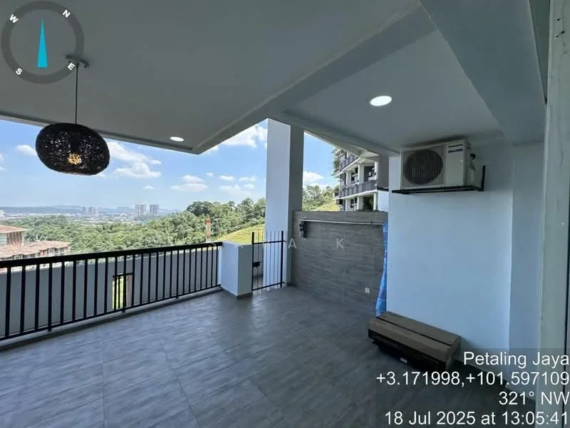 Balcony features: floor-to-ceiling sliding glass door, grey tiled flooring, black pendant light, wall-mounted split AC, railing with black metal, city skyline view, outdoor space with open layout; style: modern; view: city.