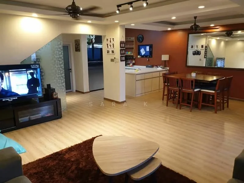 Living features: laminate flooring, 5-blade ceiling fan with light, wall-mounted TV, coffee table, 3-seater fabric sofa in grey, area rug with geometric pattern, decorative wall art, recessed downlights; style: modern. Dining features: 6-seater dining table, wooden dining chairs, pendant lighting, open kitchen layout, kitchen island, wall-mounted mirror; style: modern. Kitchen features: laminate countertop, built-in cabinets, stainless-steel sink, freestanding range oven, microwave, refrigerator; style: modern.
