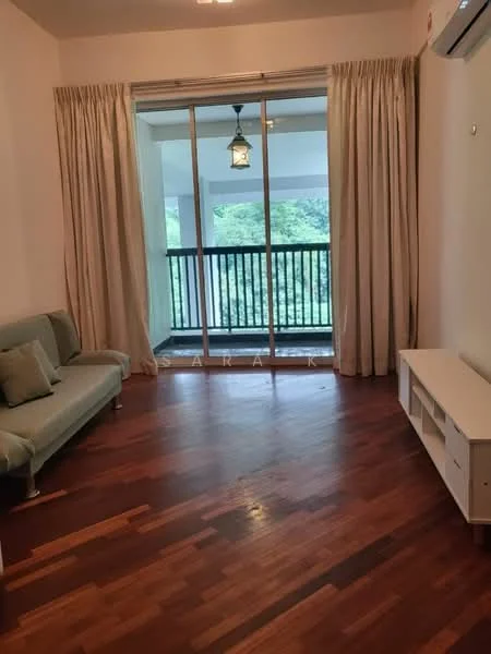 Living features: wood flooring, light green fabric sofa, white TV console, floor-to-ceiling sliding glass door, sheer curtains, recessed ceiling lights, wall-mounted air conditioning unit, balcony view; style: modern; view: garden.