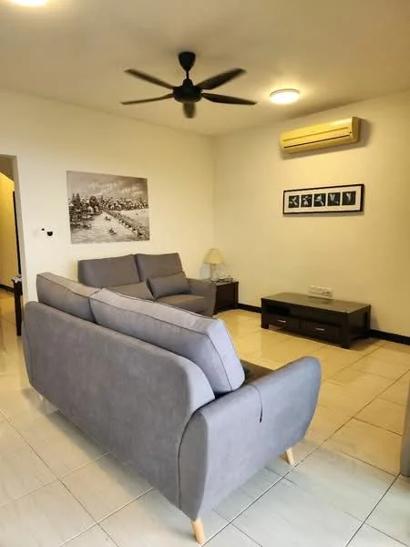 Living features: 3-seater fabric sofa in grey, 2-seater fabric sofa in grey, coffee table, wall-mounted TV, TV console, 5-blade ceiling fan, recessed LED downlights, air conditioning unit, cream painted walls, tile flooring; style: modern.