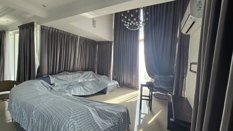 Room features: floor-to-ceiling windows, grey curtains, light-colored flooring, recessed ceiling lights, ceiling fan, bed with bedding, black bar stool, dark wooden console table; style: modern; view: city.