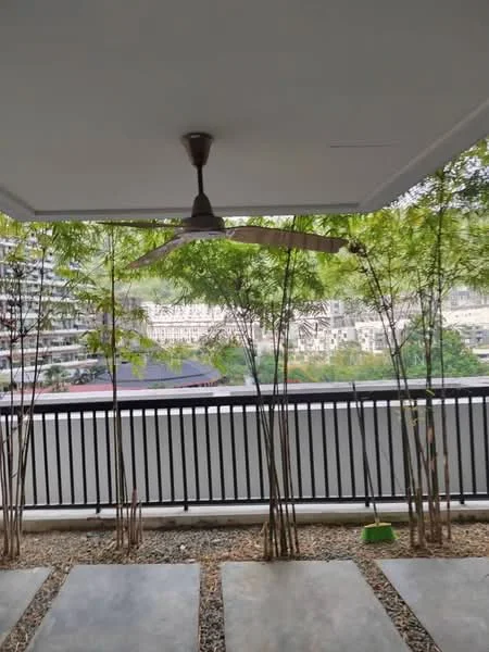 Room features: ceiling fan, bamboo plants, gravel flooring, concrete slab flooring, railing, view of surrounding buildings, greenery view; style: modern; view: city.