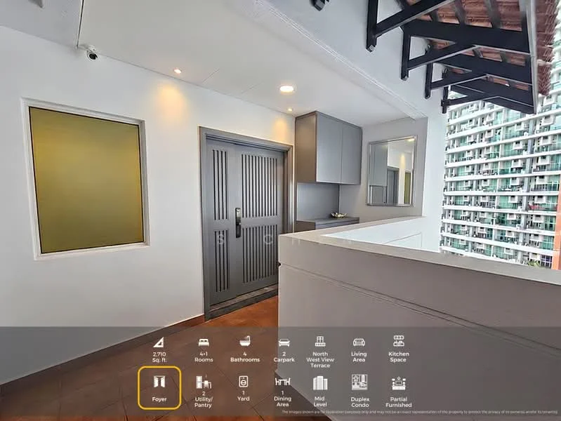 Room features: wooden flooring, white painted walls, grey cabinetry, double-door entrance, large window, open layout, exposed beams, partial furnishings; style: modern; view: city.