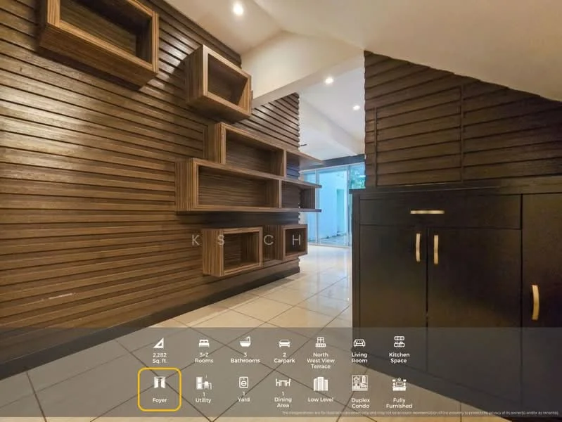 Room features: wood panel accent wall, built-in shelving units, white tiled flooring, recessed lighting, dark cabinetry, open layout, large windows, neutral wall color; style: modern.
