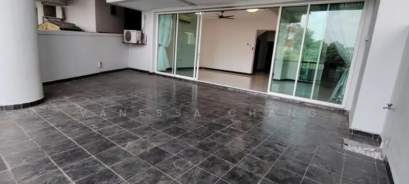 Room features: slate tile flooring, floor-to-ceiling sliding glass doors, ceiling fan, white walls, balcony view, exposed concrete columns, curtains, outdoor space; style: modern; view: garden.