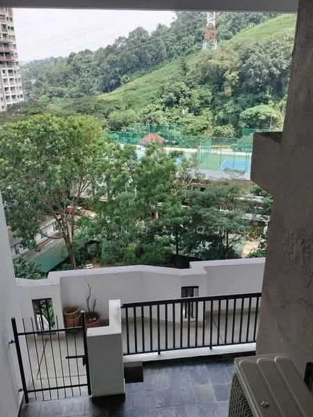 Room features: balcony with railing, stone flooring, view of greenery, view of swimming pool, view of tennis court, outdoor space, potted plants, air conditioning unit; style: modern; view: garden.