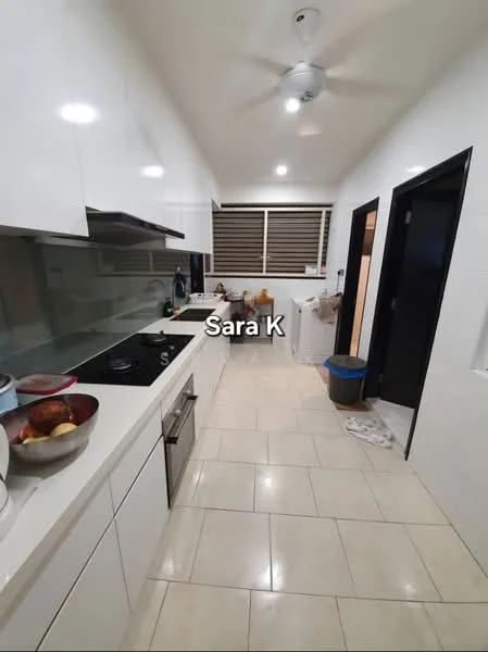 Kitchen features: white cabinetry, stainless-steel built-in oven, 4-burner gas hob, glass splashback, white tiled walls, cream tiled flooring, recessed LED downlights, ceiling fan, double-bowl stainless-steel sink, countertop with breakfast bar, window with blinds, open shelving, kitchen utensils visible; style: modern.