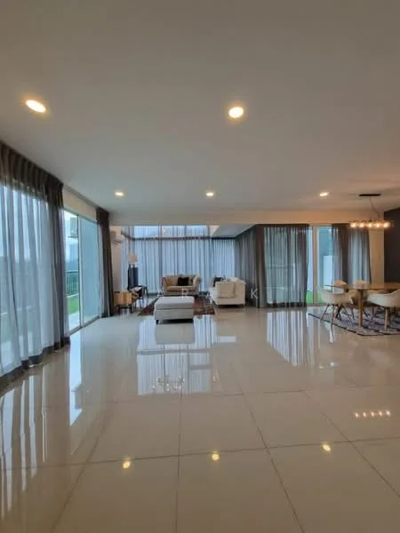 Living features: large floor-to-ceiling windows, white painted walls, recessed downlights, polished ceramic tile flooring, sheer curtains, grey drapes, modern ceiling light fixture, open layout, area rug with geometric pattern, two white sofas, coffee table, decorative wall art; style: modern; view: garden.