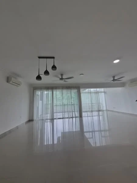 Living features: white painted walls, polished marble flooring, 5-blade ceiling fan with light, 2 wall-mounted split ACs, floor-to-ceiling windows, sheer curtains, recessed downlights, open layout; style: modern.