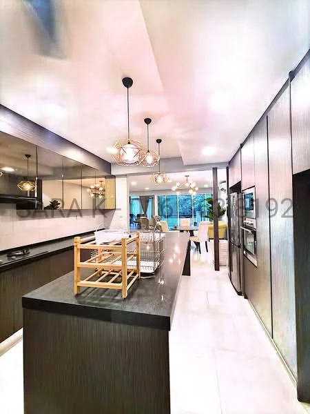 Kitchen features: island countertop with bar seating, dark wood cabinetry, light-colored stone countertop, pendant lighting fixtures, built-in oven, stainless-steel refrigerator, glass-front upper cabinets, open shelving, ceramic tile flooring, large windows for natural light, modern faucet, dish rack, kitchen utensils holder; style: modern; view: garden.