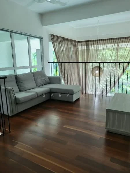Living features: 3-seater fabric sofa in light grey, wooden coffee table, hardwood flooring, floor-to-ceiling windows, sheer curtains, balcony railing, pendant light, open layout; style: modern; view: garden.