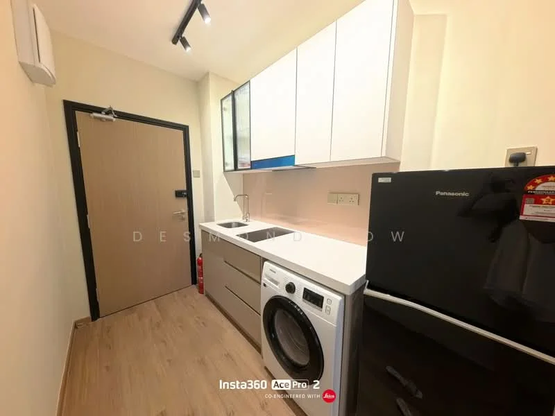Kitchen features: white cabinetry with flat-panel doors, grey countertop, single-bowl stainless-steel sink, chrome pull-down faucet, built-in washing machine, black refrigerator, wall-mounted cabinet, wooden laminate flooring, recessed LED downlights, door with security lock; style: modern.