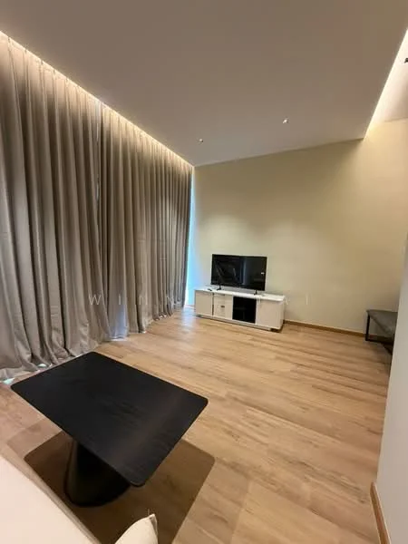 Living features: light wood flooring, cream painted walls, floor-to-ceiling curtains, wall-mounted TV, white TV console, black coffee table, recessed downlights; style: modern.