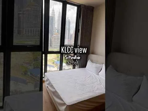 Bedroom features: king-size bed, floor-to-ceiling windows, city view, light-colored bedding, wooden flooring, curtains, minimalist decor, wall-mounted artwork; style: modern; view: city.