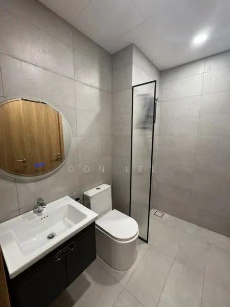 Bathroom features: grey tile walls, light grey tile flooring, single-sink vanity with wood cabinet, round mirror, chrome basin mixer faucet, one-piece toilet, walk-in shower with glass enclosure, recessed downlights; style: modern.