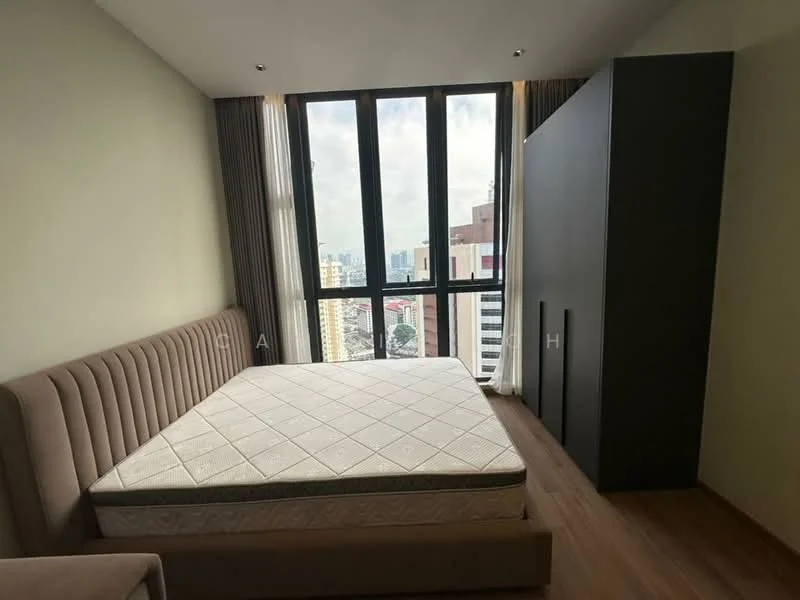 Bedroom features: floor-to-ceiling windows, queen-size bed frame without mattress, wooden flooring, grey upholstered headboard, built-in wardrobe, curtains, city view, neutral wall color; style: modern; view: city.