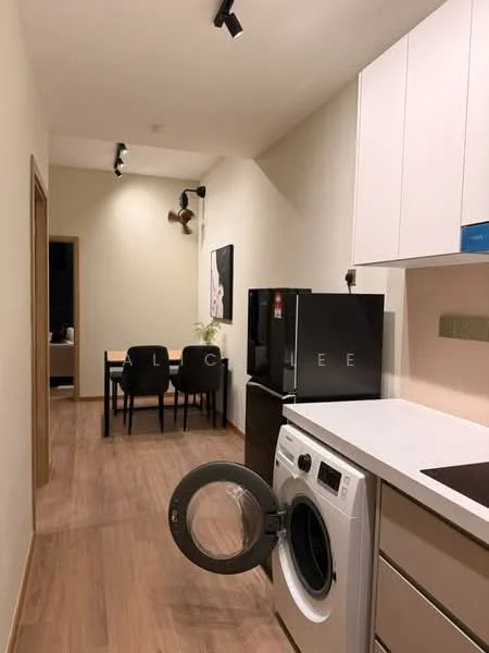 Kitchen features: white cabinetry, black refrigerator, built-in oven, stainless-steel sink, single-bowl stainless-steel sink, chrome pull-down faucet, light wood flooring, recessed downlights, washing machine, open shelving, dining table with chairs; style: modern.