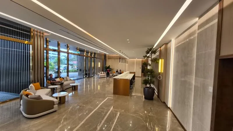 Lobby features: marble flooring, recessed downlights, modern reception desk, sofa seating with cushions, coffee tables, large windows, decorative plants, wood paneling, feature wall with lighting, open layout, seating area, glass entrance doors; style: modern; view: city.
