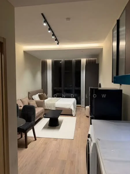 Living features: sofa in beige, coffee table in black, area rug in cream, floor-to-ceiling windows, curtains, wooden flooring, recessed downlights, wall-mounted TV, dining table with chairs, white cabinetry, stainless-steel fridge, washer/dryer unit; style: modern; view: city.
