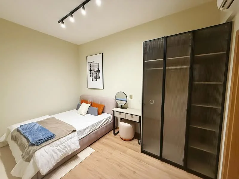 Bedroom features: queen-size bed with grey upholstered headboard, white bedding, two orange accent pillows, wooden bedside table, round mirror on the bedside table, black metal wardrobe with glass doors, light wood flooring, recessed ceiling lights, air conditioning unit on the wall, framed artwork on the wall; style: modern.