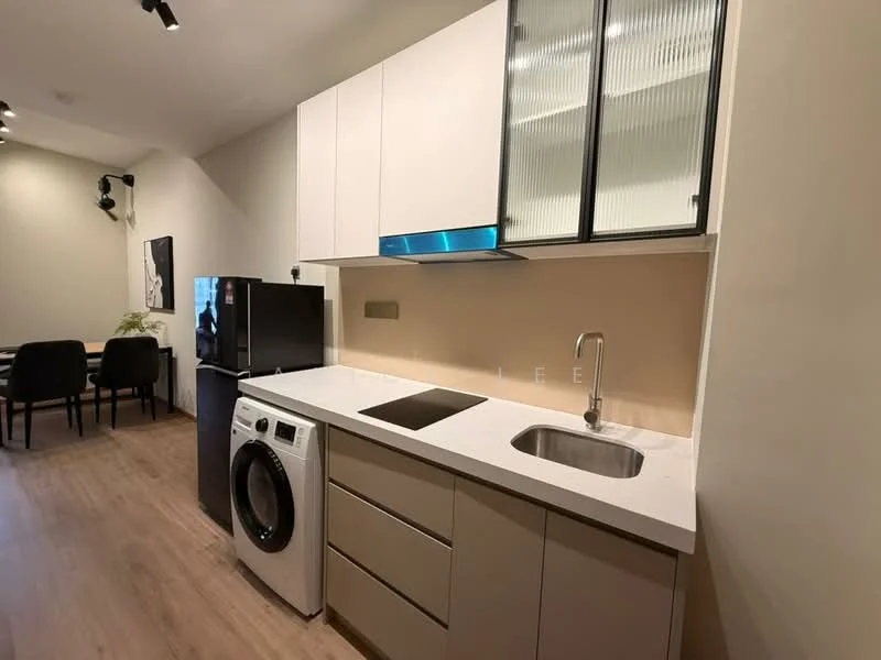 Kitchen features: white cabinetry, black countertop, single-bowl stainless-steel sink, chrome pull-down faucet, built-in oven, stainless-steel fridge, front-load washing machine, recessed downlights, wooden flooring, open shelving, glass-front upper cabinets; style: modern.