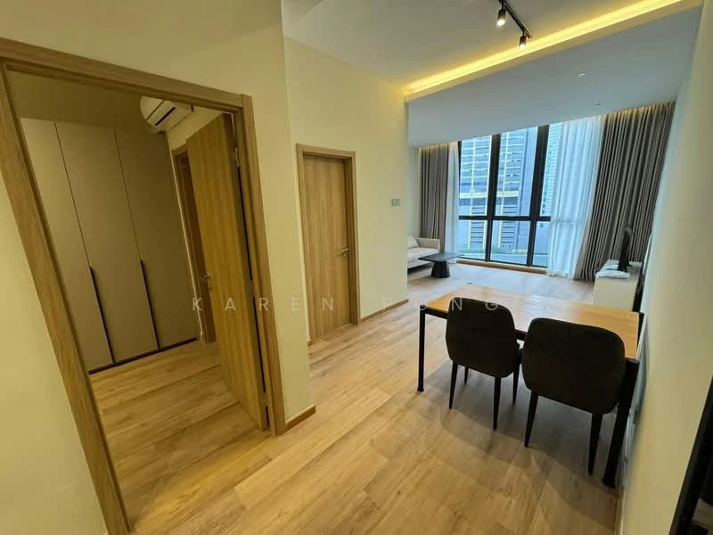 Room features: light wood flooring, cream painted walls, recessed LED downlights, floor-to-ceiling windows, sheer curtains, wooden door, built-in wardrobe, study desk, upholstered chairs; style: modern; view: city.