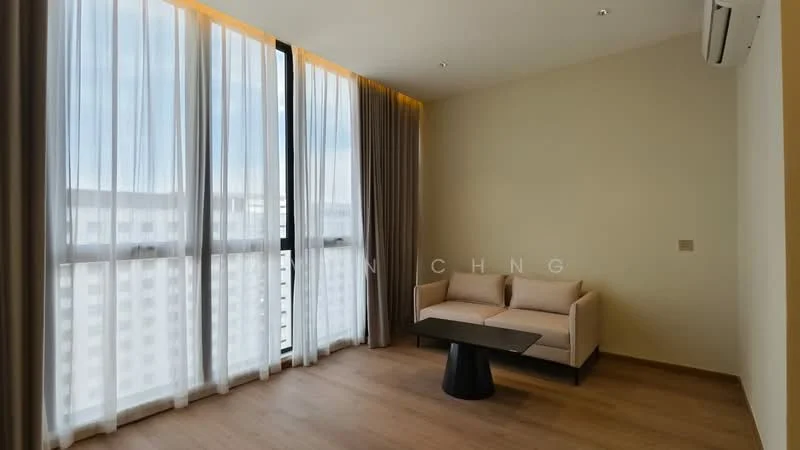 Living features: floor-to-ceiling windows, sheer curtains, light brown walls, laminate flooring, sofa in light beige, black coffee table, wall-mounted air conditioning unit, recessed downlights; style: modern; view: city.