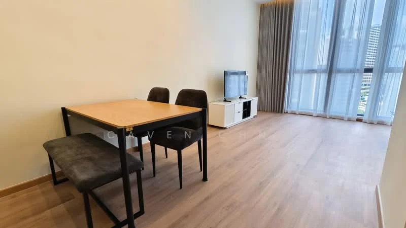 Living features: light wood laminate flooring, white painted walls, floor-to-ceiling windows, grey curtains, black dining table with two chairs, grey upholstered chairs, white TV console, wall-mounted TV, decorative wall art, open layout, natural light from windows; style: modern; view: city.