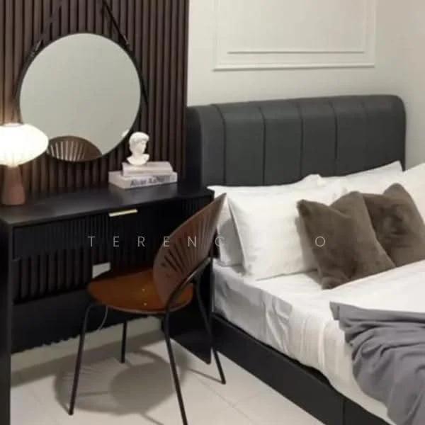 Bedroom features: king-size bed with upholstered headboard, white bedding, decorative throw pillows, wooden bedside table, table lamp with round shade, round mirror, wooden accent wall, black chair, white walls, tile flooring; style: modern.