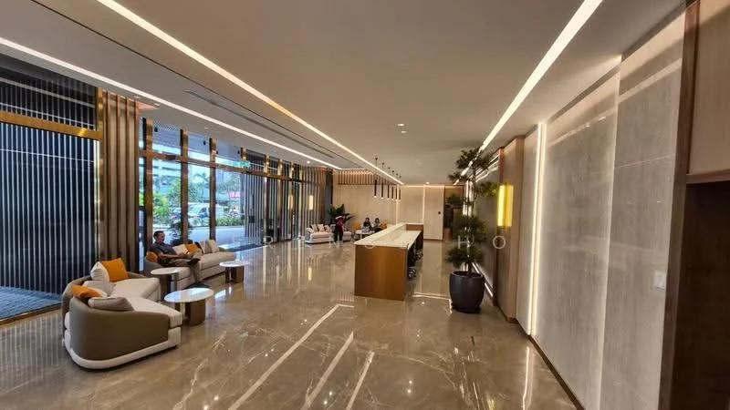 Lobby features: marble flooring, recessed LED downlights, floor-to-ceiling windows, modern reception desk, upholstered seating, decorative plants, wood paneling, accent lighting, sofa seating, coffee tables; style: modern; view: city.