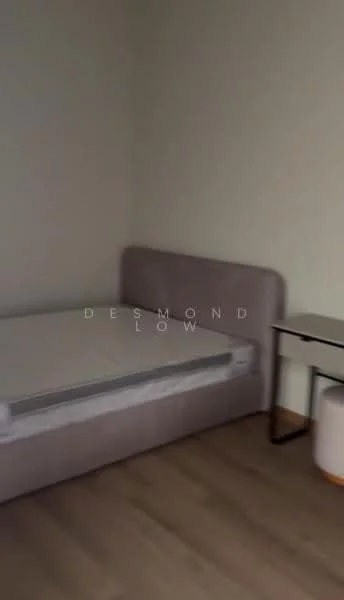 Bedroom features: single bed frame, mattress on bed frame, wooden flooring, light grey walls, side table, white cylindrical stool.
