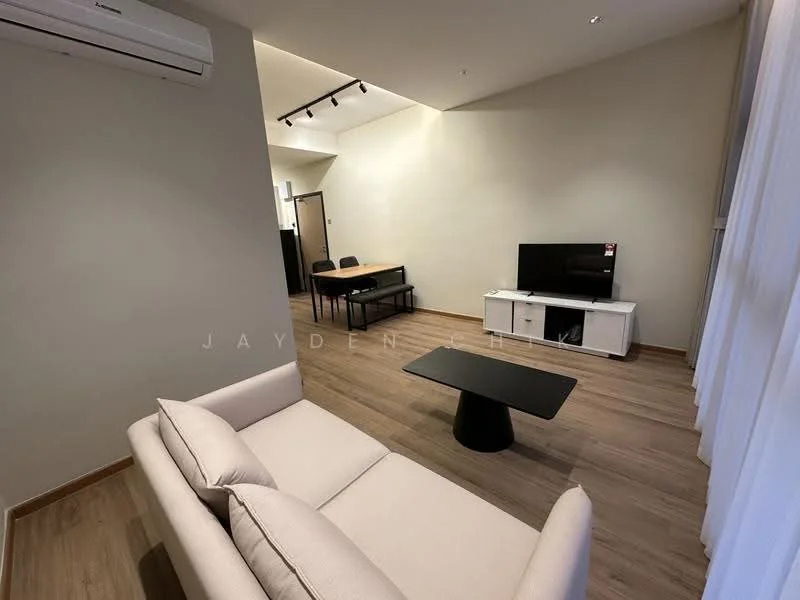 Living features: light-colored fabric sofa, black coffee table, white TV console, wall-mounted TV, dining table with black chairs, wooden flooring, air conditioning unit, recessed ceiling lights, large windows with sheer curtains; style: modern.