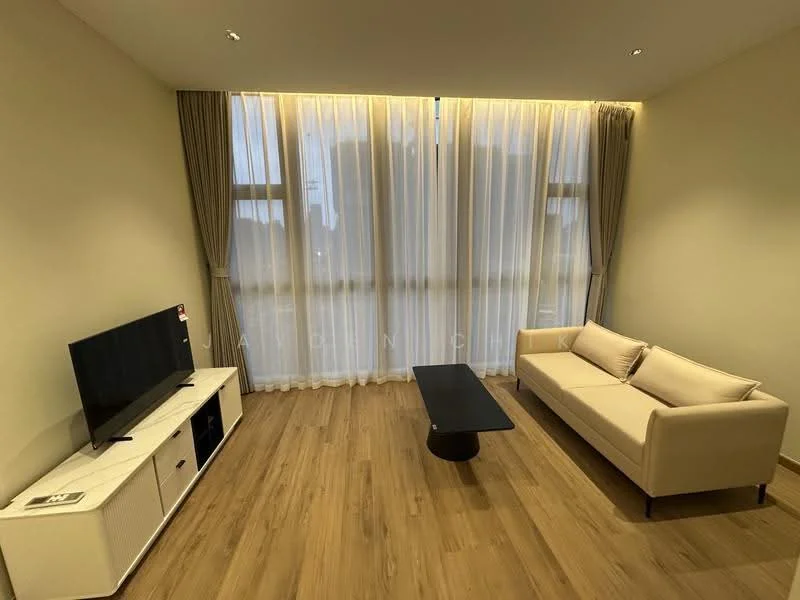 Living features: light wood laminate flooring, cream painted walls, floor-to-ceiling windows, sheer curtains, 3-seater fabric sofa in cream, black coffee table, TV console in white, wall-mounted TV, recessed downlights; style: modern; view: city.