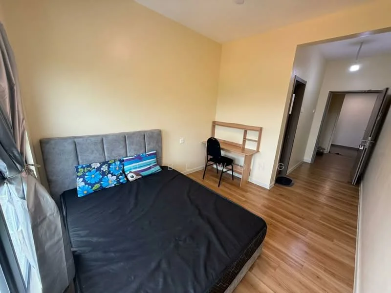 Bedroom features: queen-size bed, upholstered headboard, wooden flooring, desk with chair, light fixture on ceiling, window with sheer curtains, neutral wall color, doorway leading to hallway; style: modern.