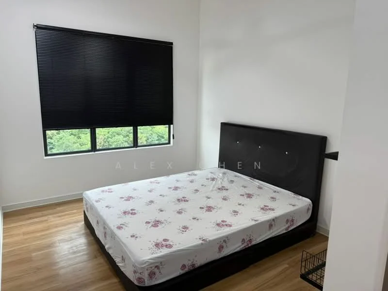 Bedroom features: queen-size bed, black upholstered headboard, white floral-patterned mattress, wooden flooring, black roller blinds, floor-to-ceiling window, greenery view, nightstand with storage; style: modern; view: garden.