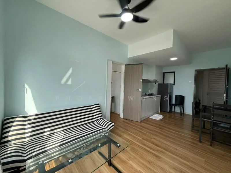Living features: striped fabric sofa, glass coffee table, wooden flooring, ceiling fan, light blue painted walls, open kitchen area, dining table with chairs, natural light from window; style: modern. Kitchen features: kitchen cabinets, stainless-steel sink, countertop, built-in stove, refrigerator, tile backsplash; style: modern.