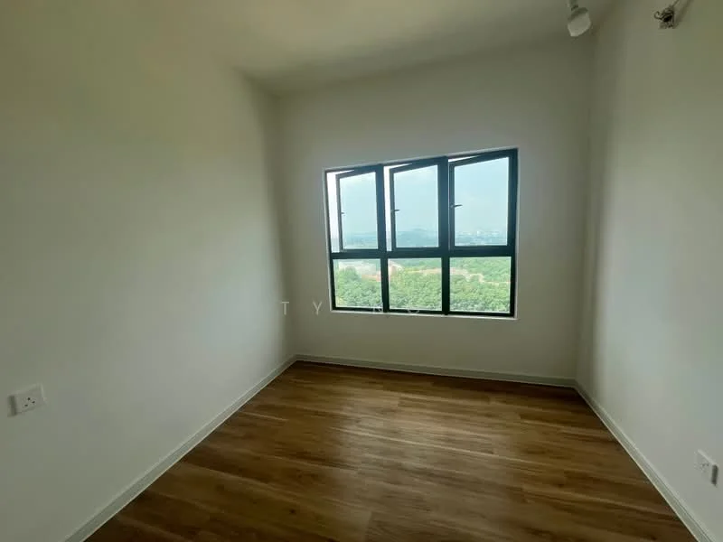 Room features: white painted walls, wooden flooring, floor-to-ceiling windows, city view, natural light, light fixture on ceiling; style: modern; view: city.